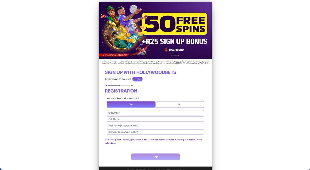 Hollywoodbets sign-up page with the welcome bonus offer
