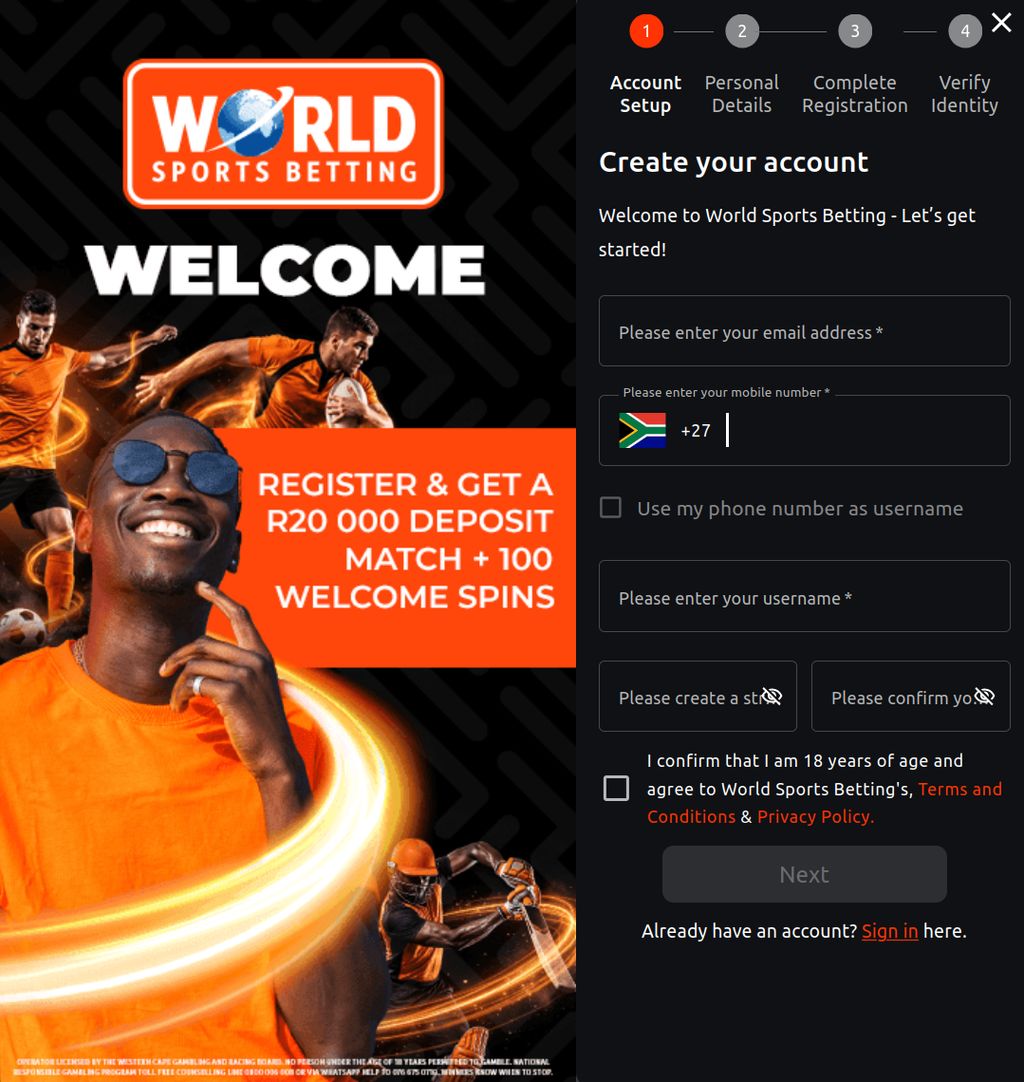 World Sports Betting registration form — Account Setup step