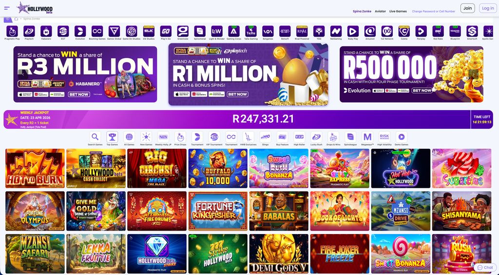 Spina Zonke slots lobby with provider icons and Weekly Jackpot counter