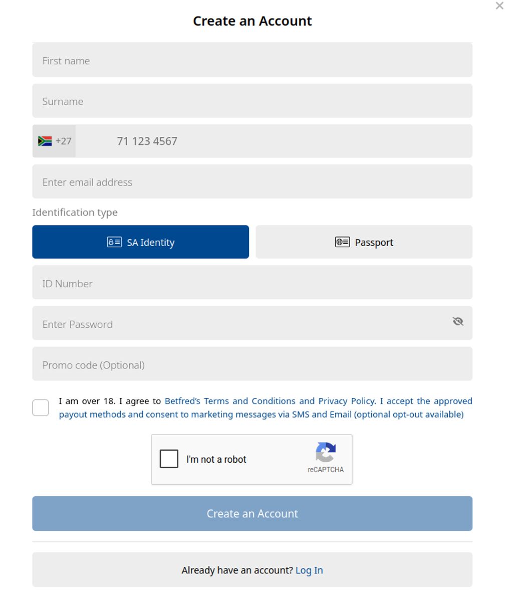 Betfred registration form for South African players