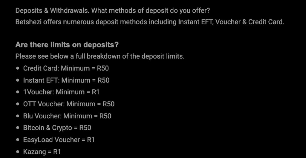 Deposit methods and minimum limits listed in the Betshezi help section