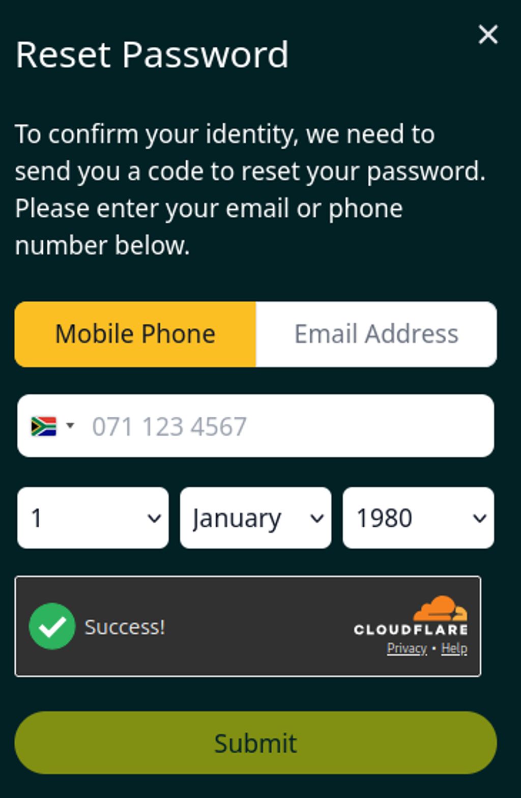 Password recovery option on the ZARbet login page