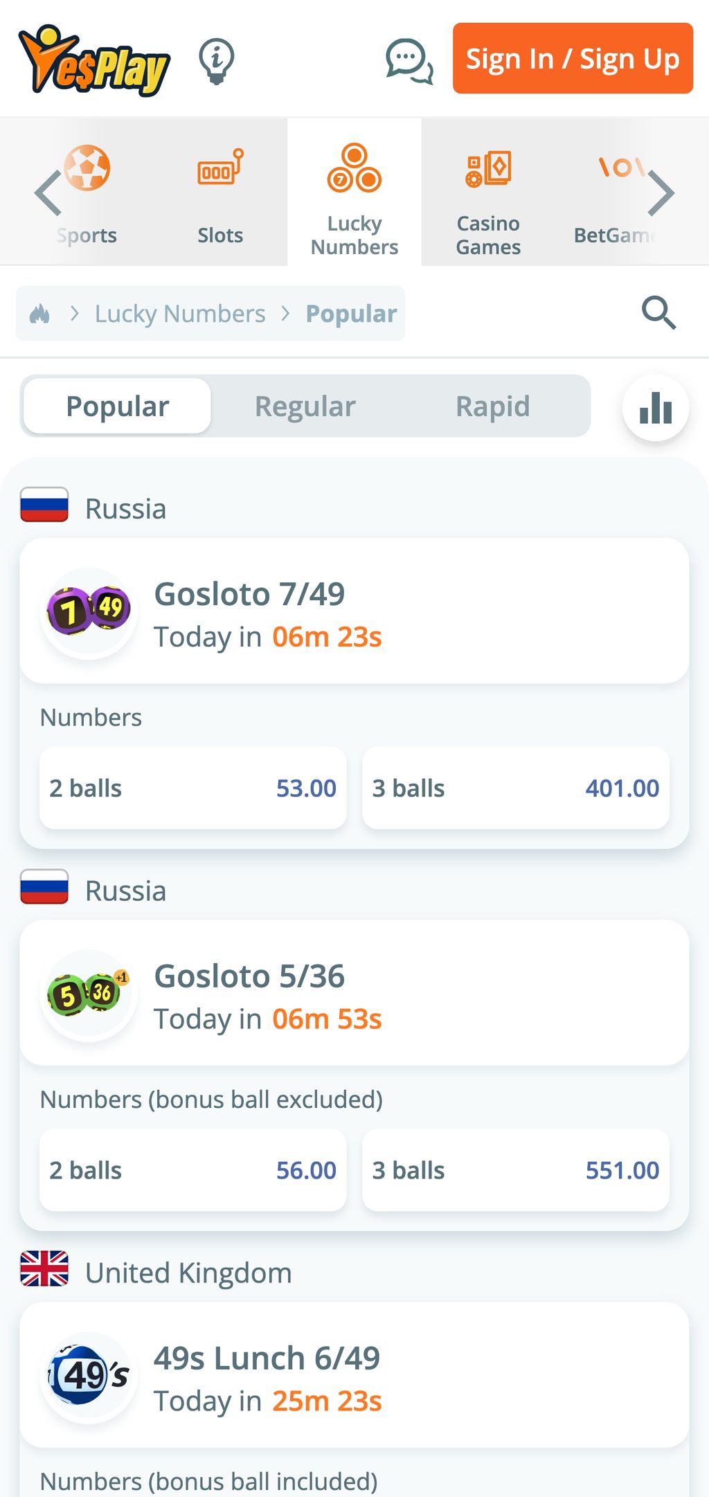 Lucky Numbers is a game where you can bet on the lottery in YesPlay.