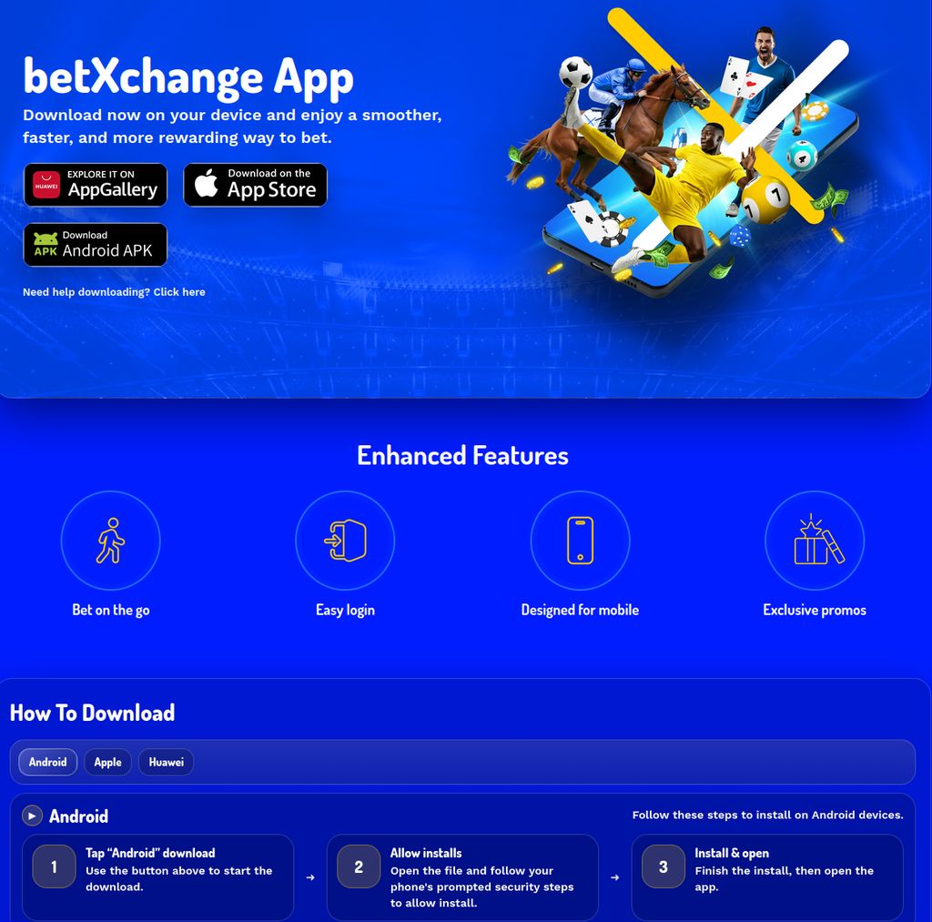 The BetXchange app download page, with Android, Apple and Huawei options