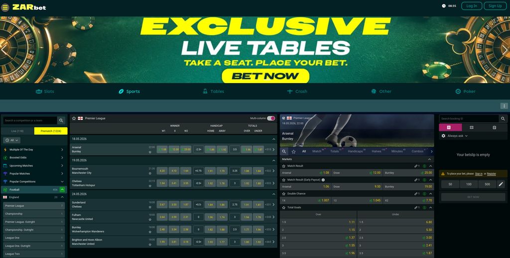 ZARbet homepage showing sports betting
