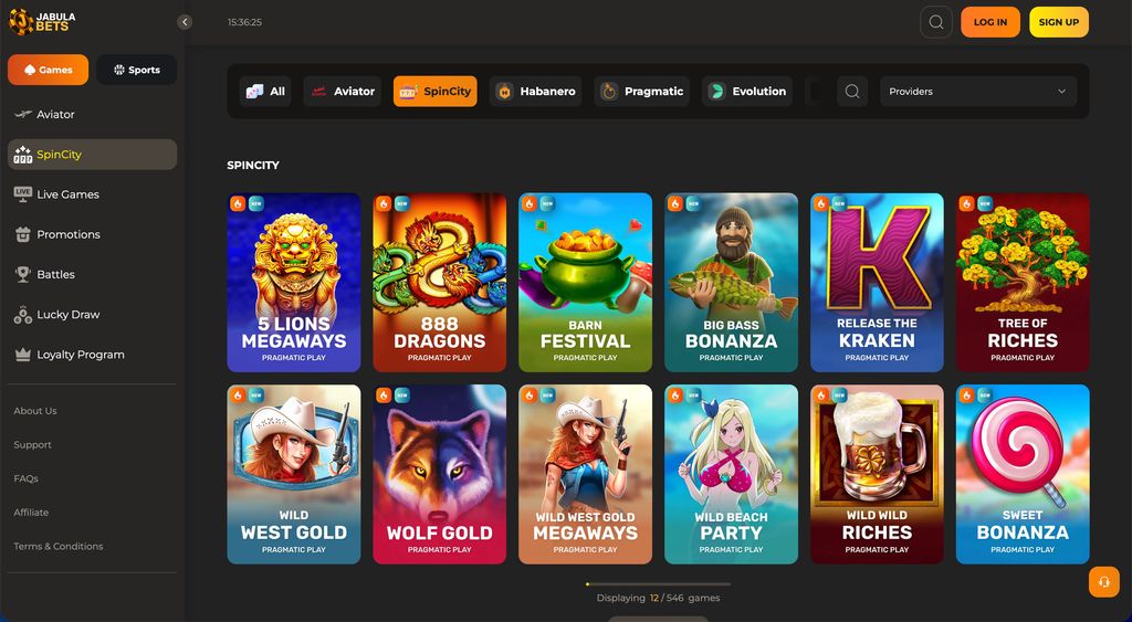 JabulaBets SpinCity section with popular slot titles