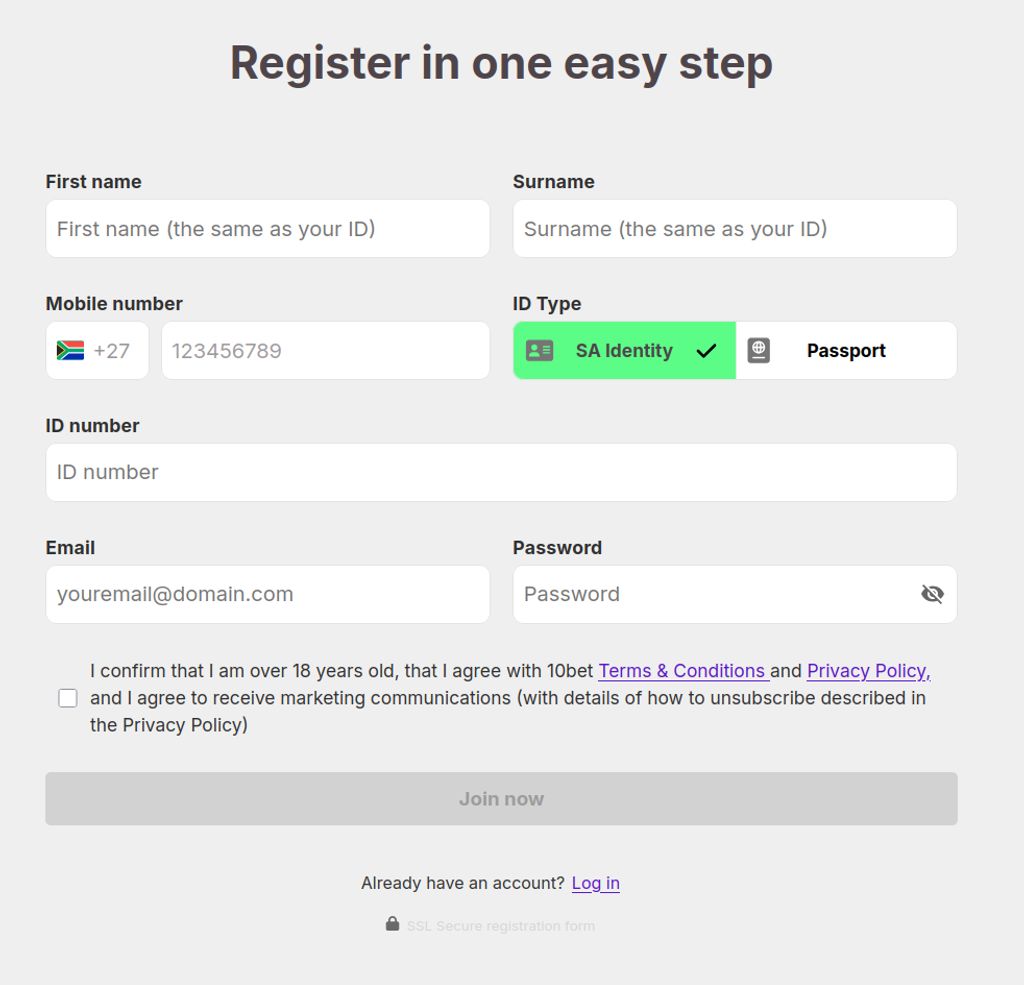 10bet registration form — a single page with all required fields