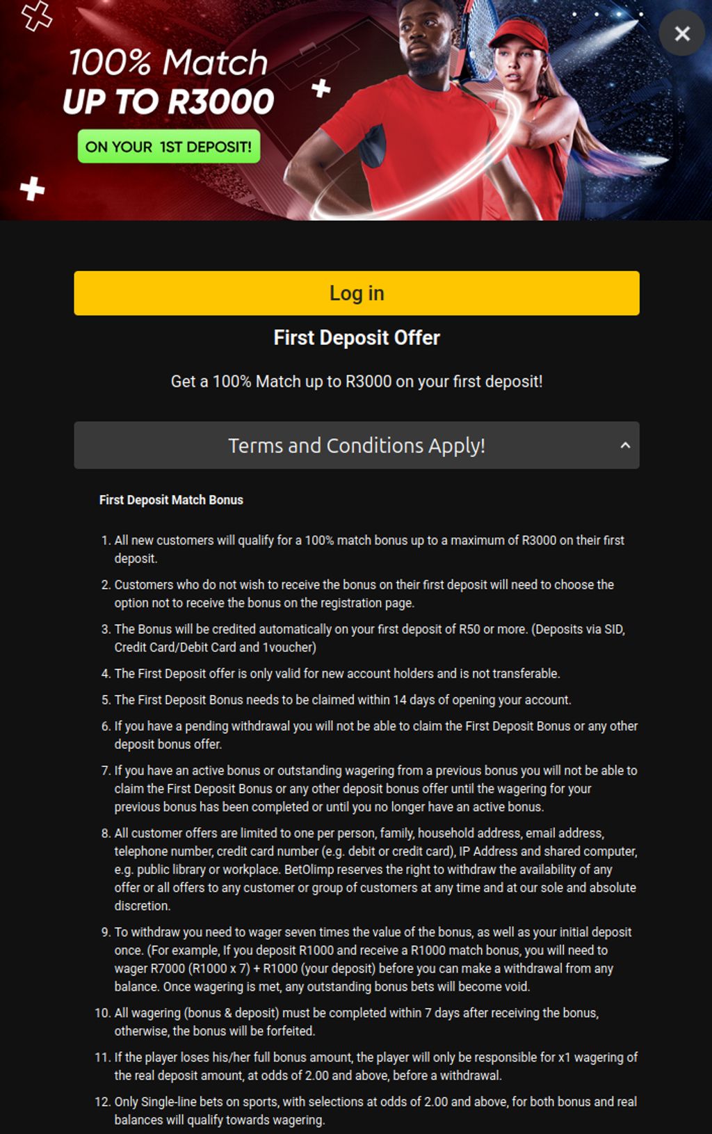 BetOlimp sports first deposit offer — 100% match up to R3,000