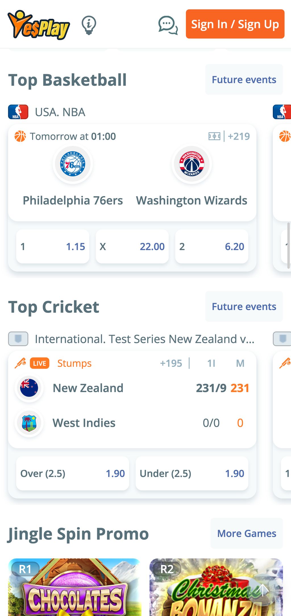 Sports betting at YesPlay