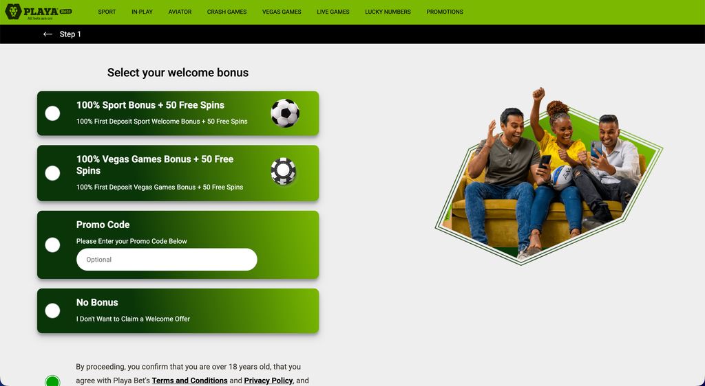 Step 1 of the Playabets sign-up process — bonus selection screen