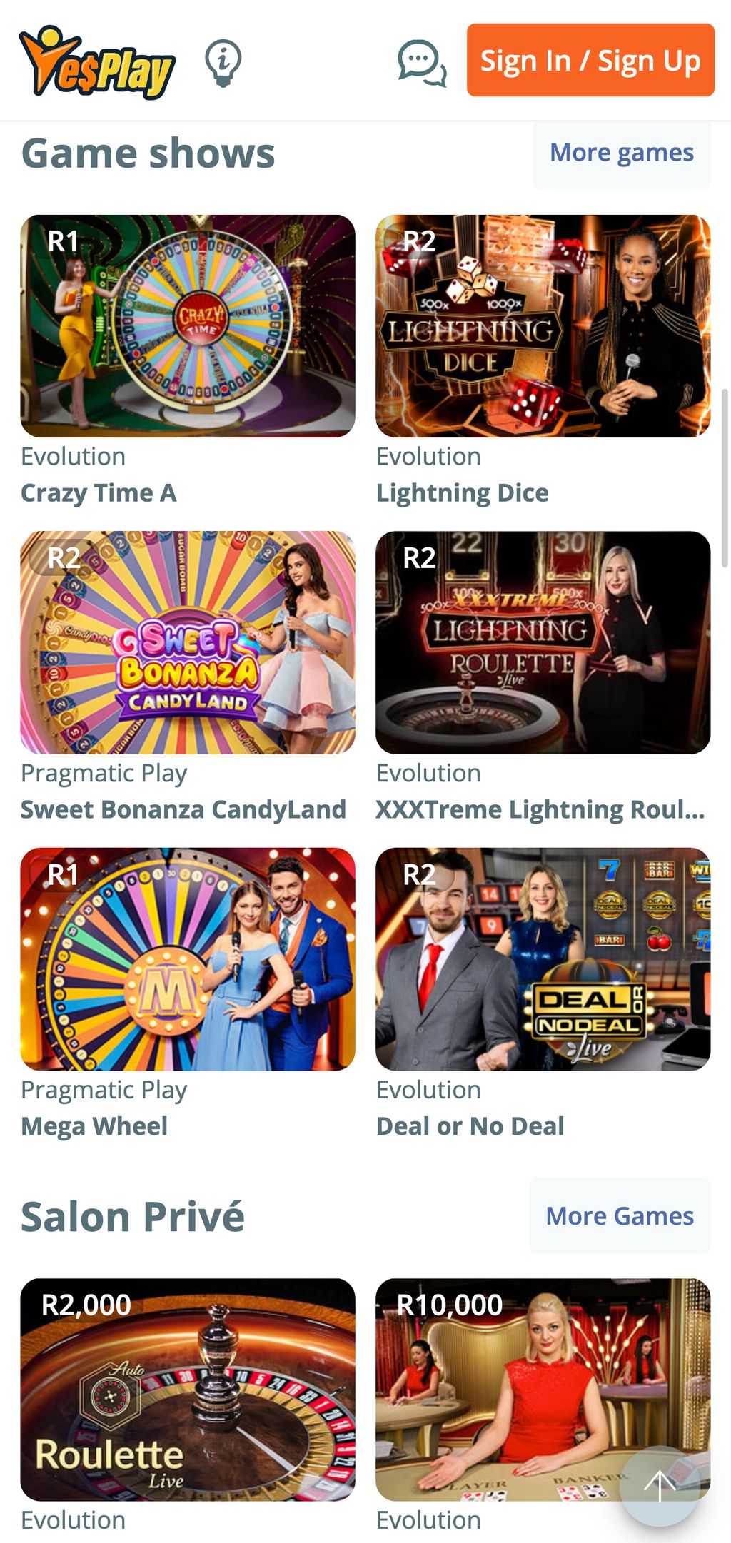 Casino games at YesPlay