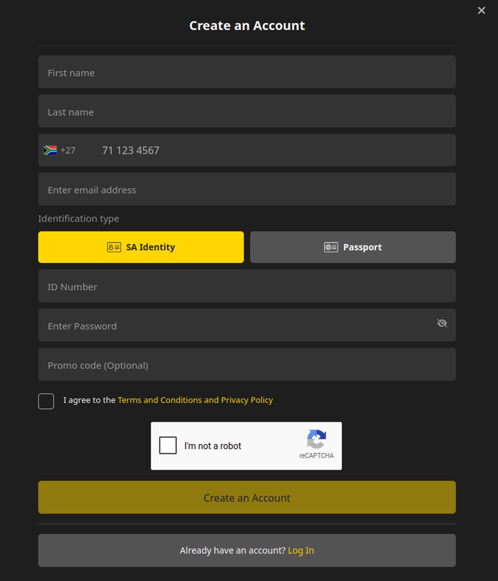 Easybet registration form with fields for personal details and identification