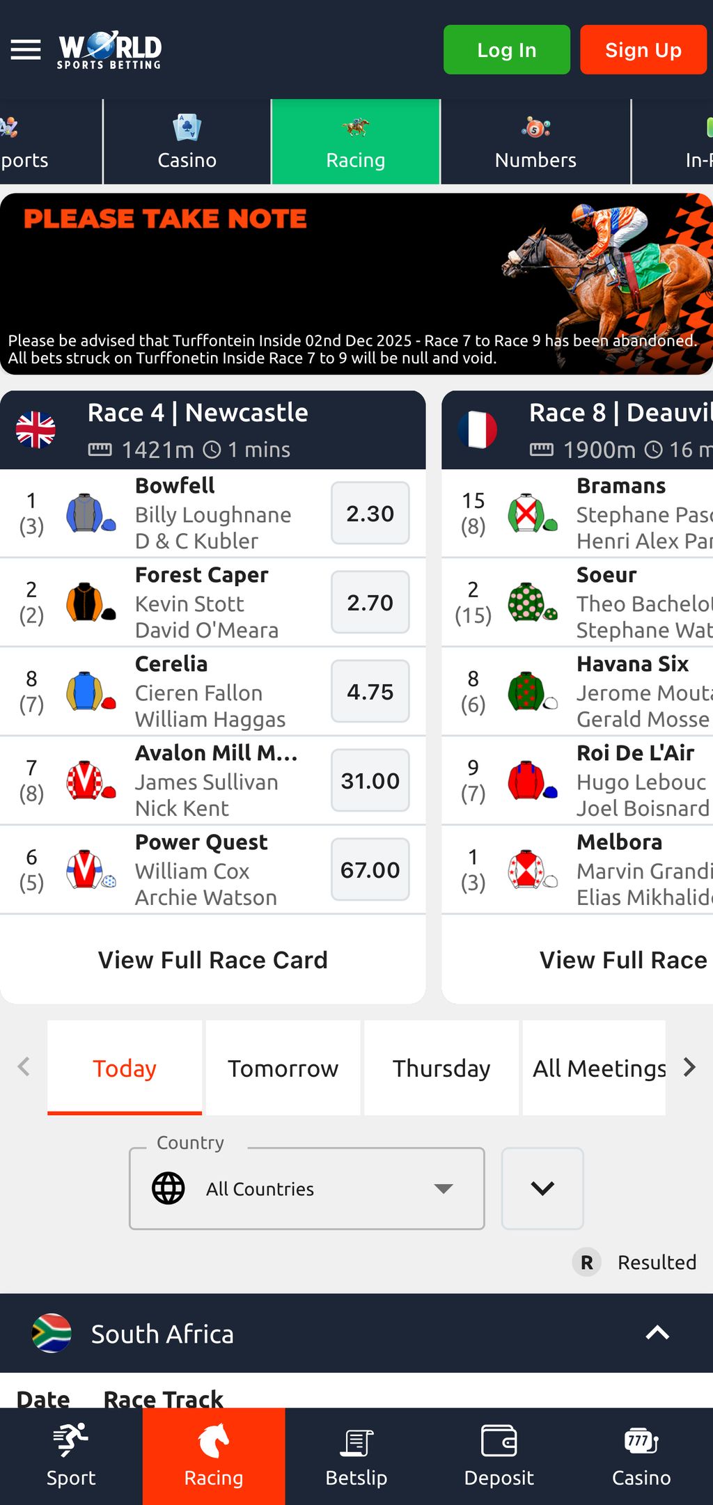 Horse racing in World Sports Betting