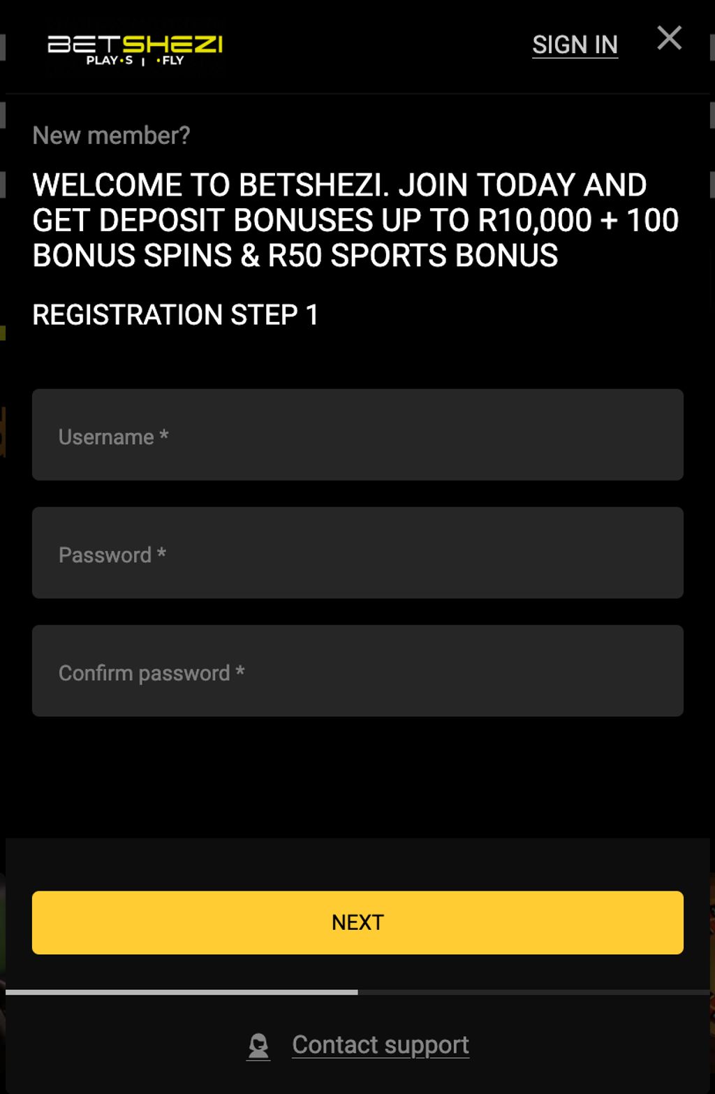 Registration form — Step 1 with username and password fields