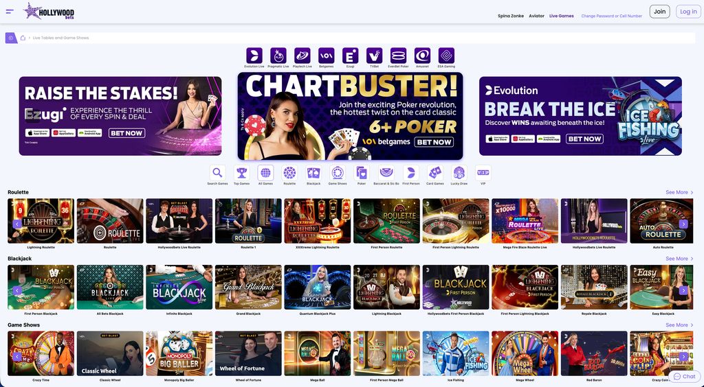 Live Tables and Game Shows section at Hollywoodbets