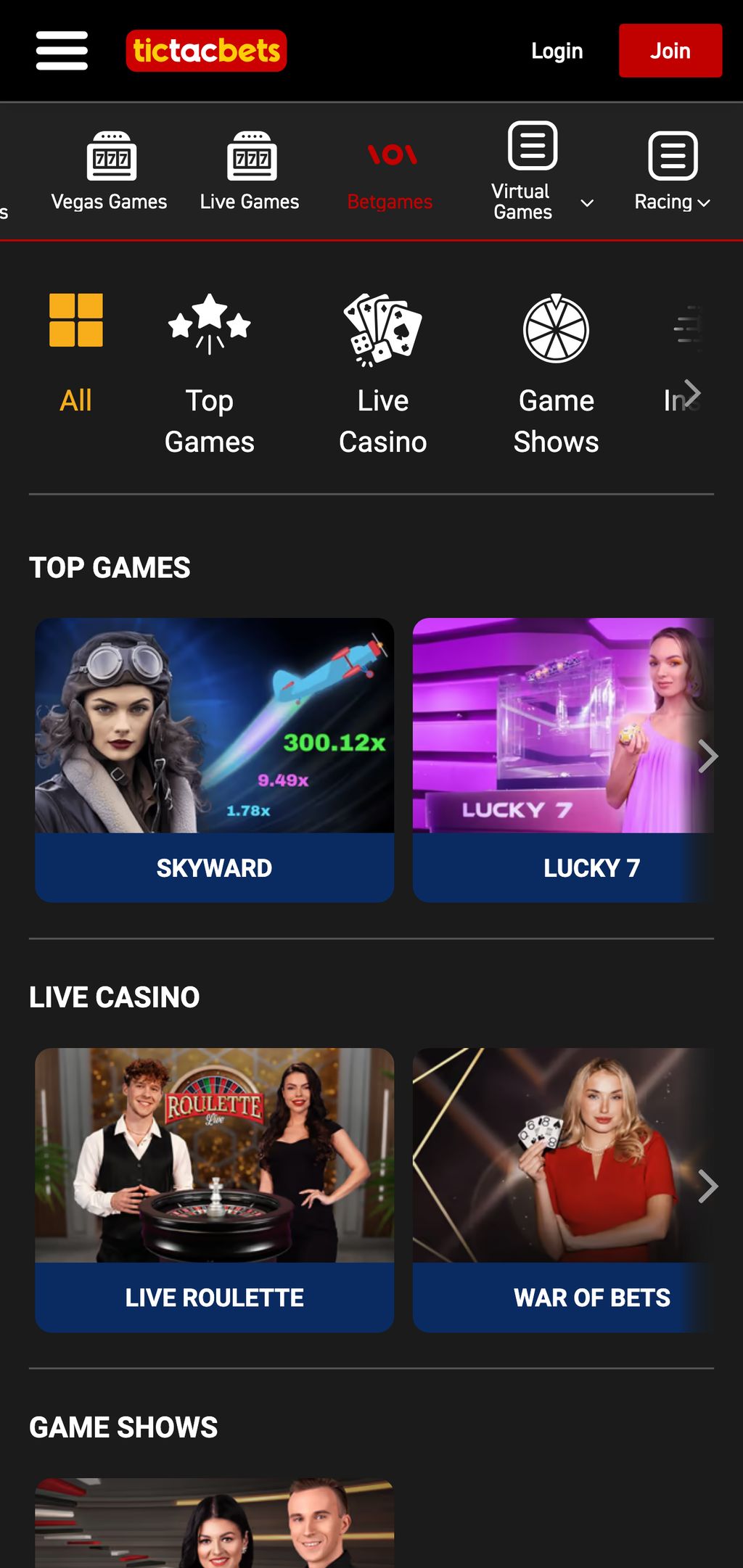 Betgames in Tictacbets