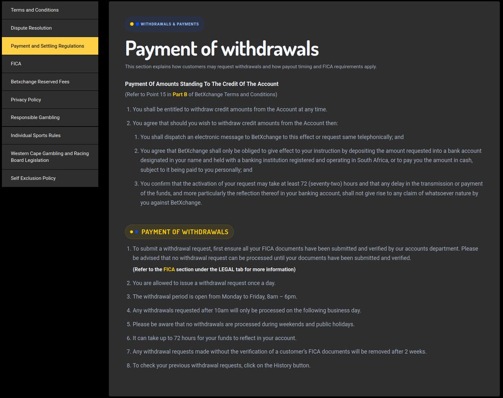 BetXchange withdrawal rules and processing times