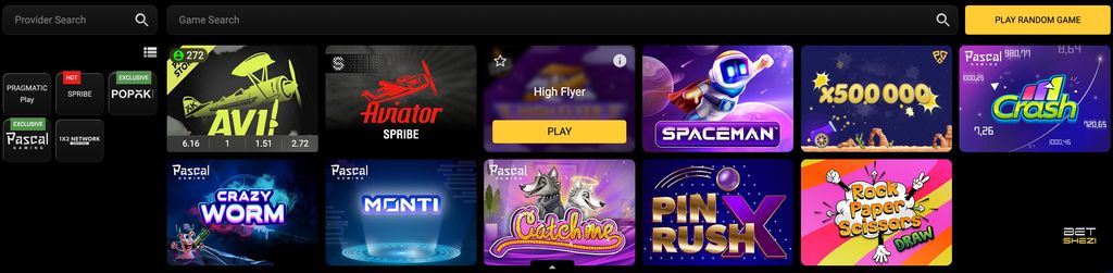 Crash games section with Aviator, Spaceman and Pascal Gaming titles