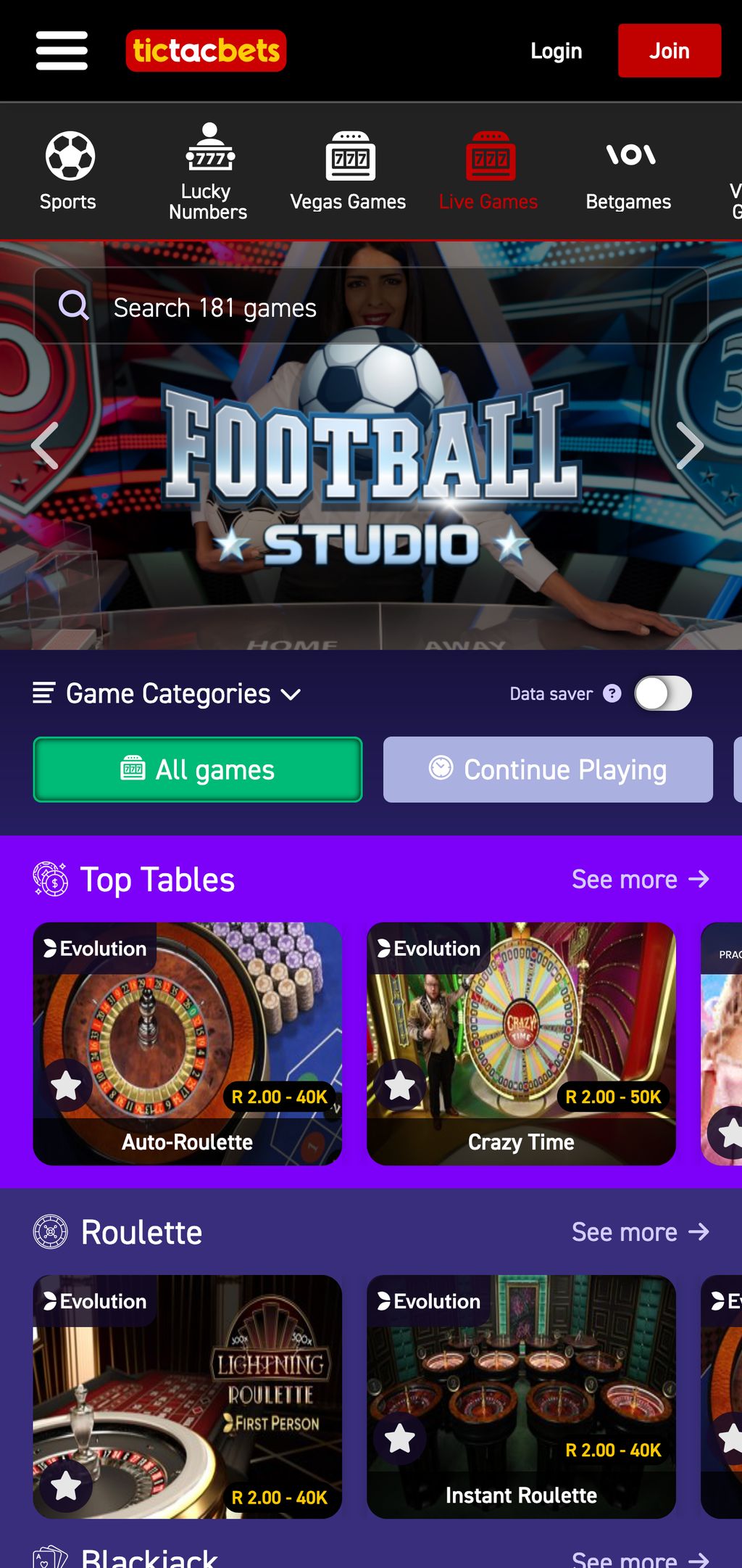 Live dealer games in tictacbets