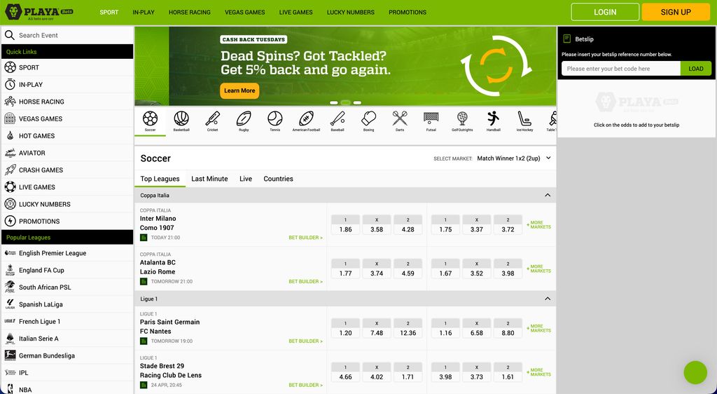 Playabets sportsbook homepage with the full navigation menu