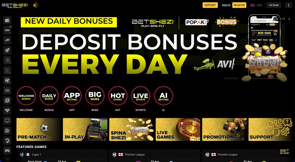 Betshezi homepage featuring the daily deposit bonus banner and main navigation