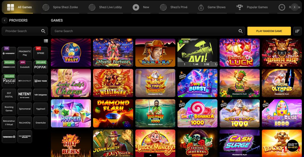 Spina Shezi slot lobby with provider filters and popular titles