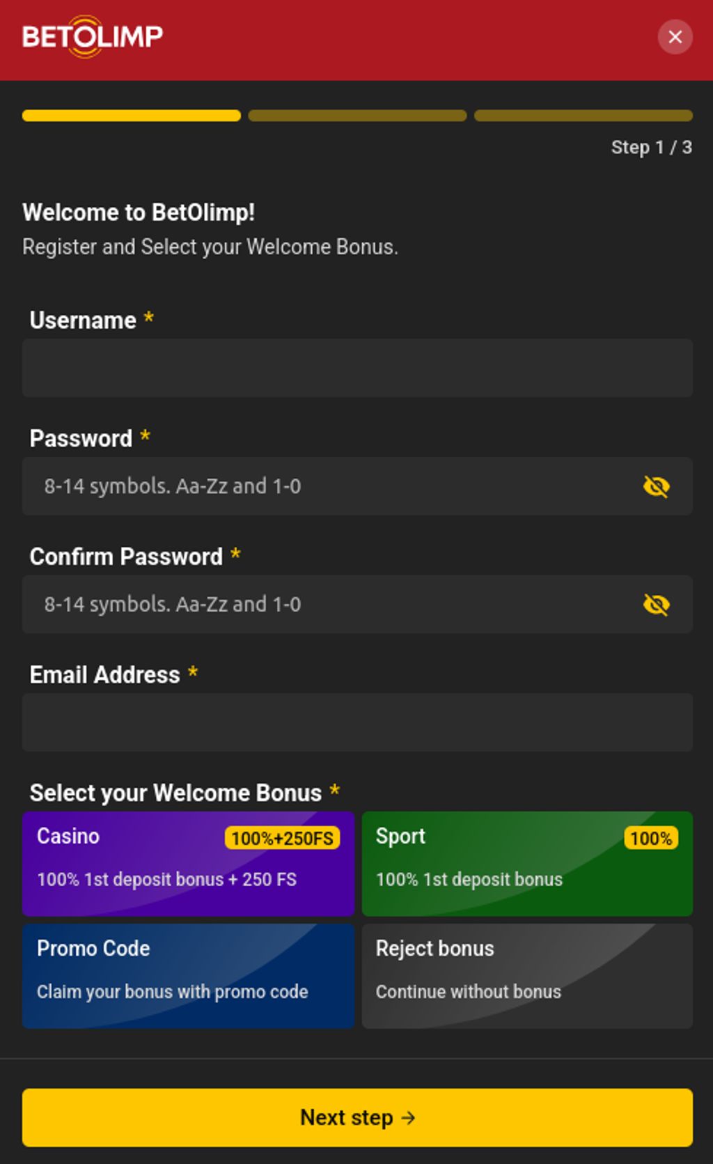 BetOlimp registration form — Step 1 of 3