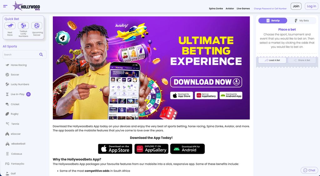 Hollywoodbets app download page with iOS, Huawei, and Android options