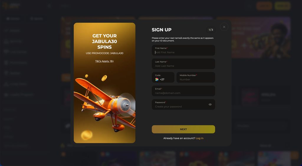JabulaBets registration form — step 1 of 3