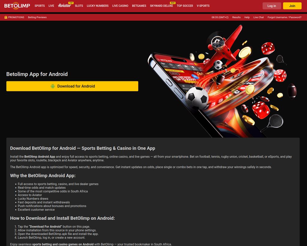 BetOlimp Android app download page on the official website
