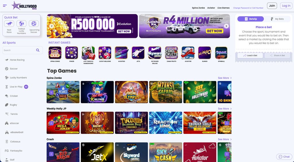 Hollywoodbets homepage showing current promotions and featured games
