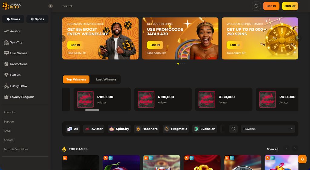 JabulaBets homepage showcasing featured promotions and game categories