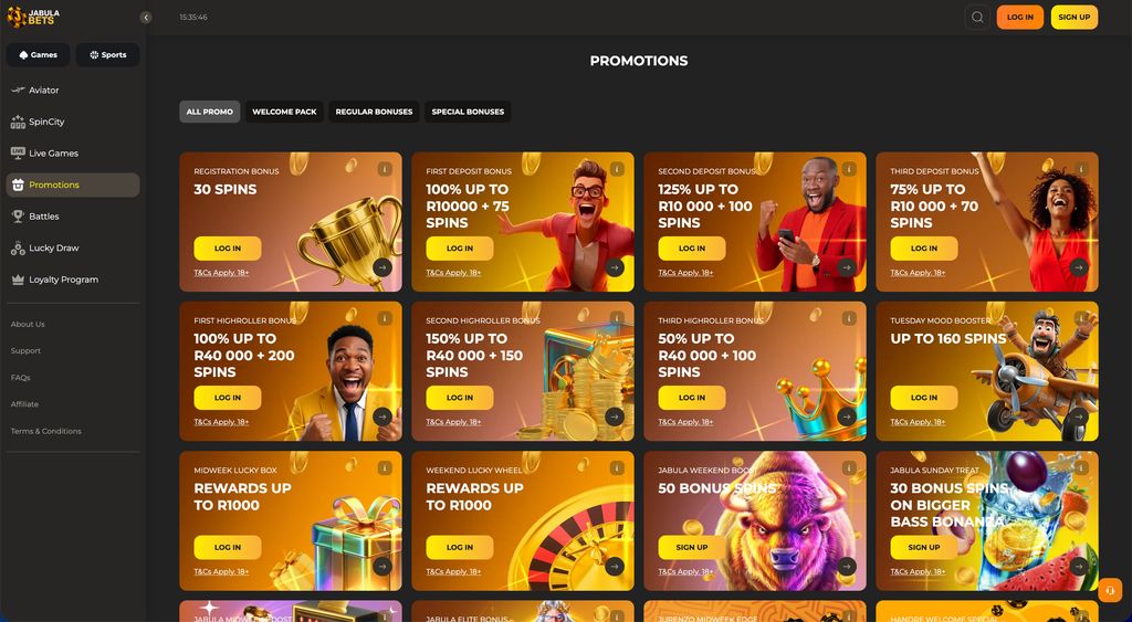 JabulaBets promotions page with welcome bonuses and regular offers