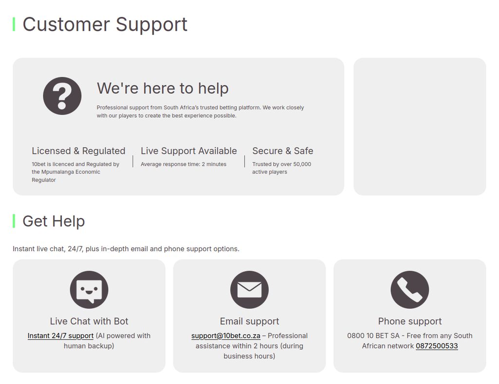 Customer support options available at 10bet